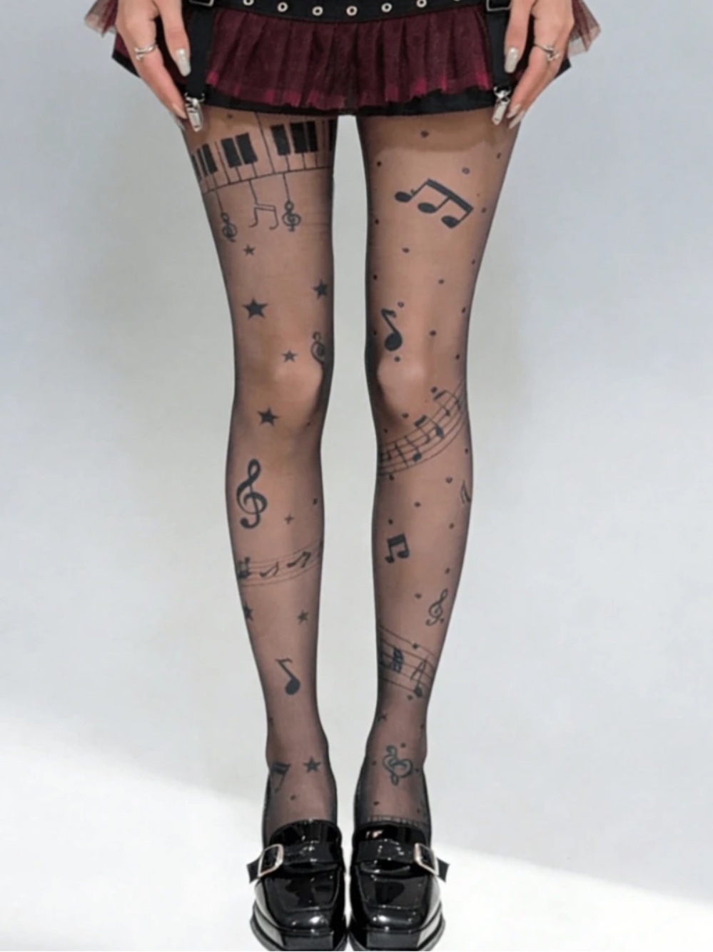 Sheer Music Note Pattern Tights - Black